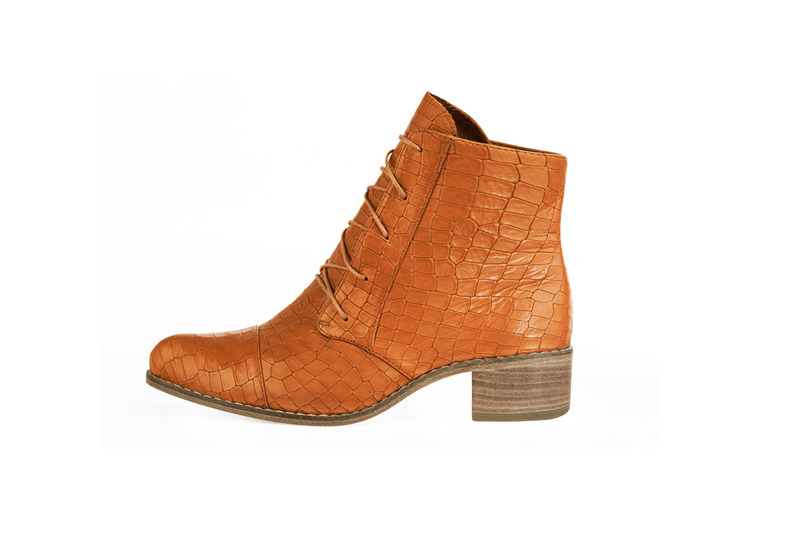 Apricot orange women's ankle boots with laces at the front. Round toe. Low leather soles. Profile view - Florence KOOIJMAN